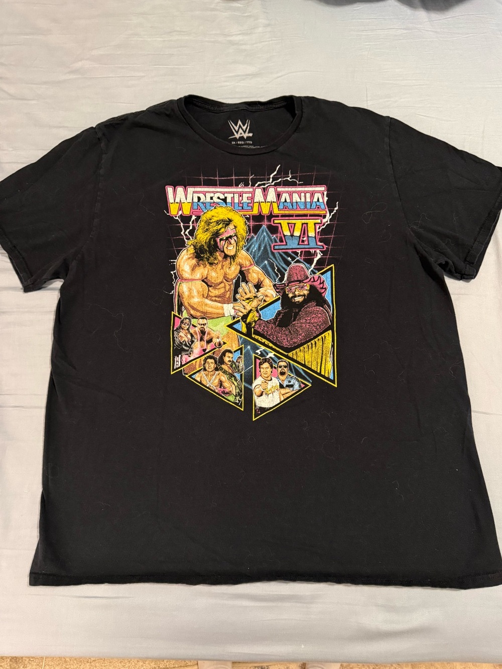 WWE Black WrestleMania VI Retro Graphic Tee with Multicolor Print